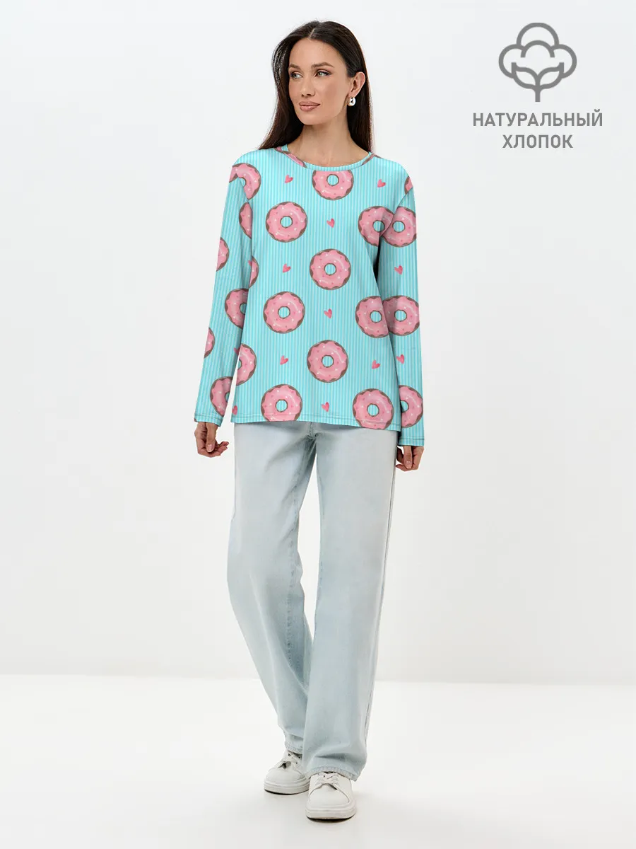Лонгслив женский. Хлопок / Розовые пончики