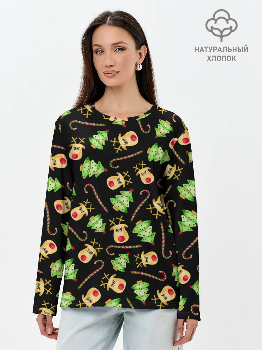 Лонгслив женский. Хлопок / Олени, елки и карамель