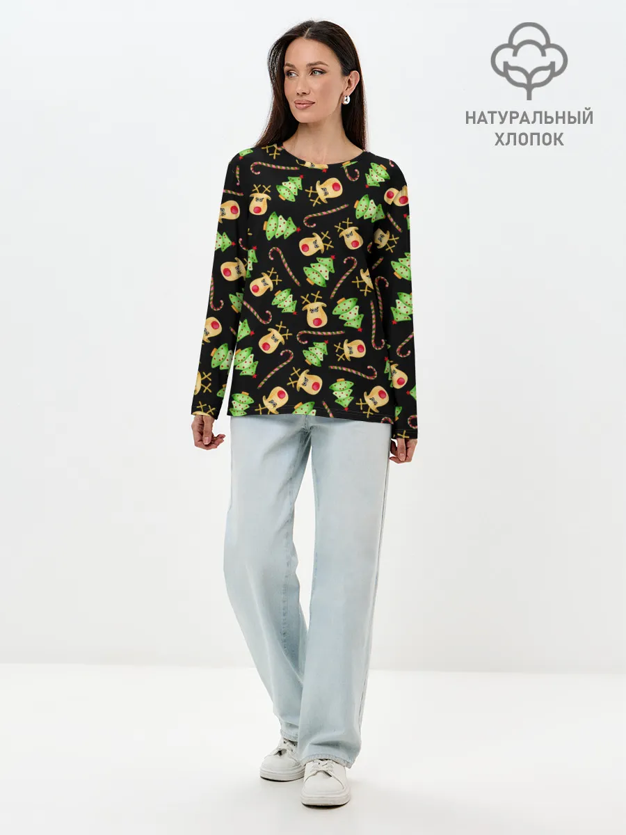 Лонгслив женский. Хлопок / Олени, елки и карамель