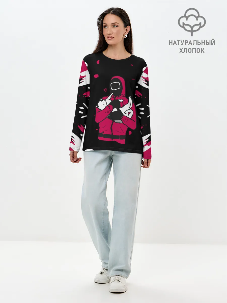 Лонгслив женский. Хлопок / Игра в кальмара x Кот,