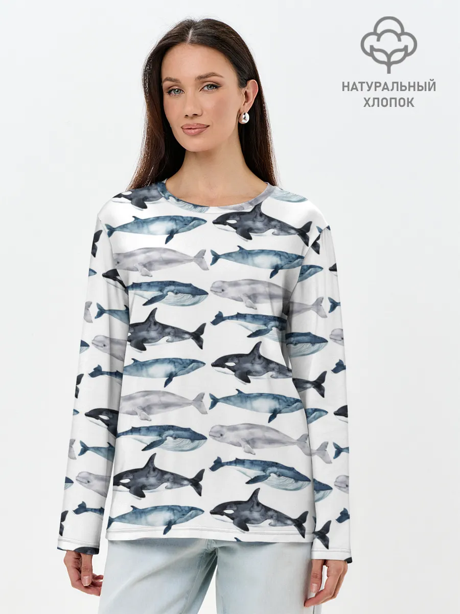 Лонгслив женский. Хлопок / принт с китами