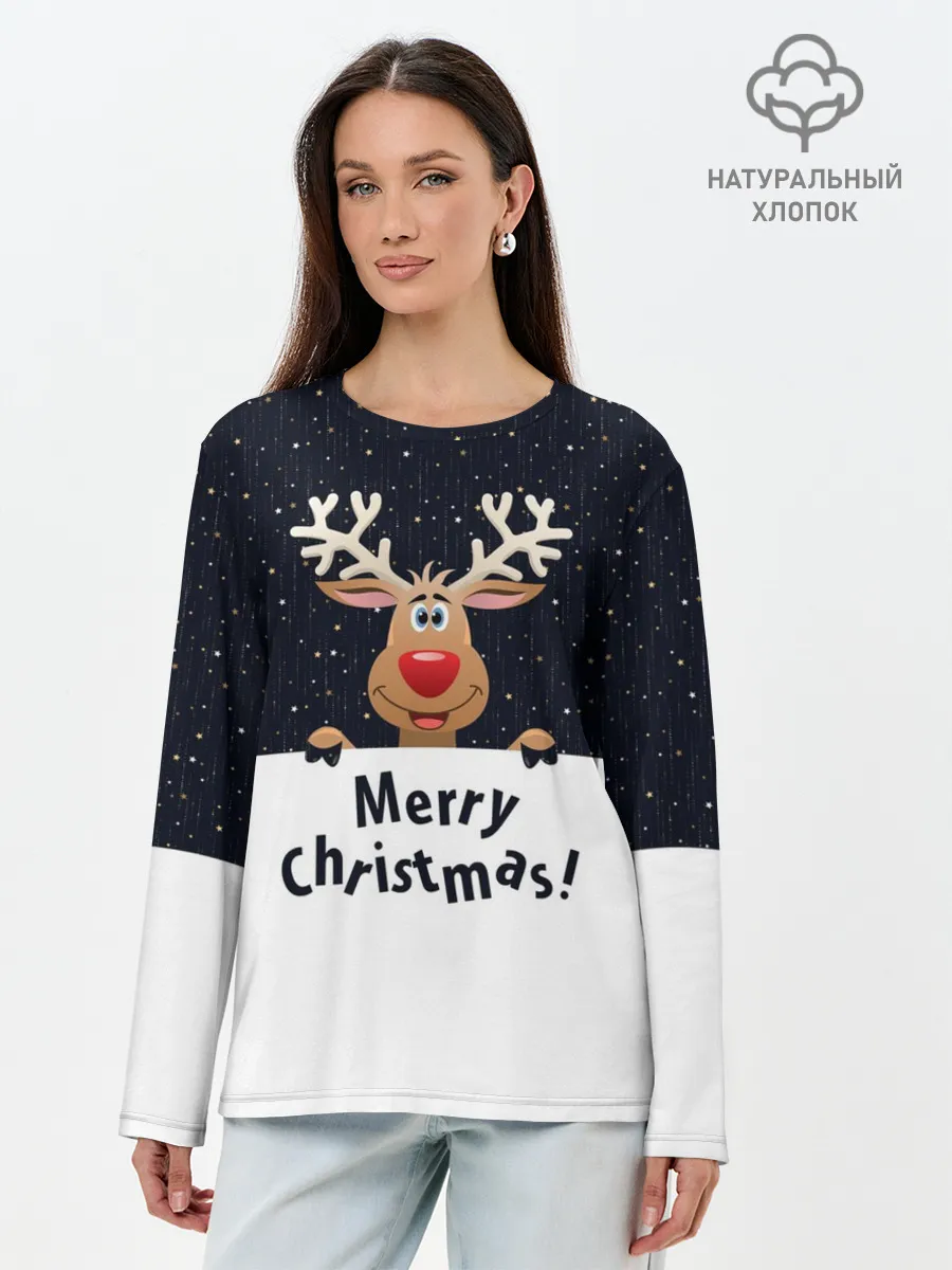 Лонгслив женский. Хлопок / Новогодний Оленёнок Рудольф