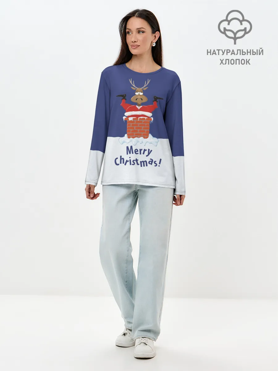 Лонгслив женский. Хлопок / Санта в трубе с Оленем