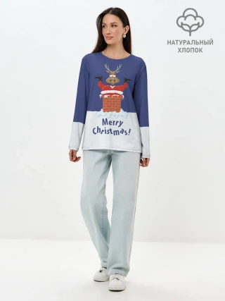 Лонгслив женский. Хлопок / Санта в трубе с Оленем