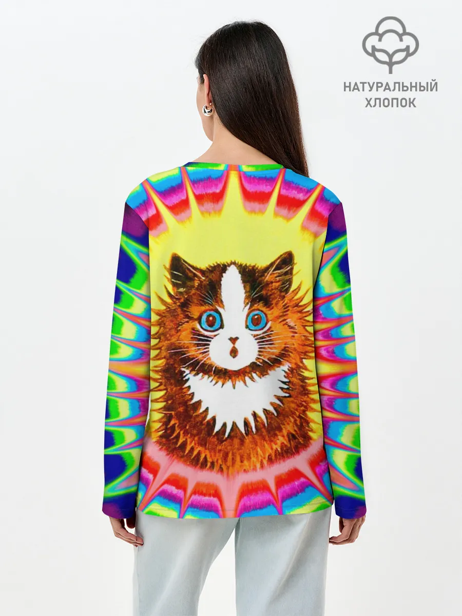 Лонгслив женский. Хлопок / Psychedelic Rainbow Cat