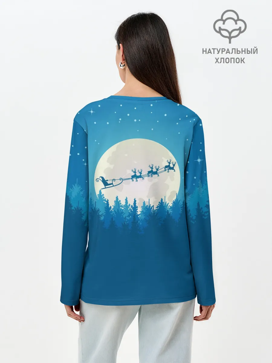 Лонгслив женский. Хлопок / Санта с Оленями