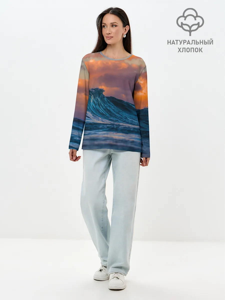 Лонгслив женский. Хлопок / Закат над волной