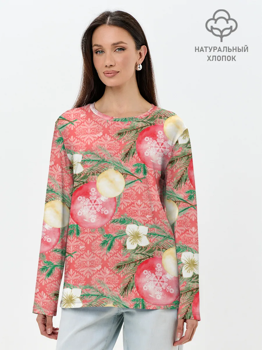 Лонгслив женский. Хлопок / Новогодние красные шары