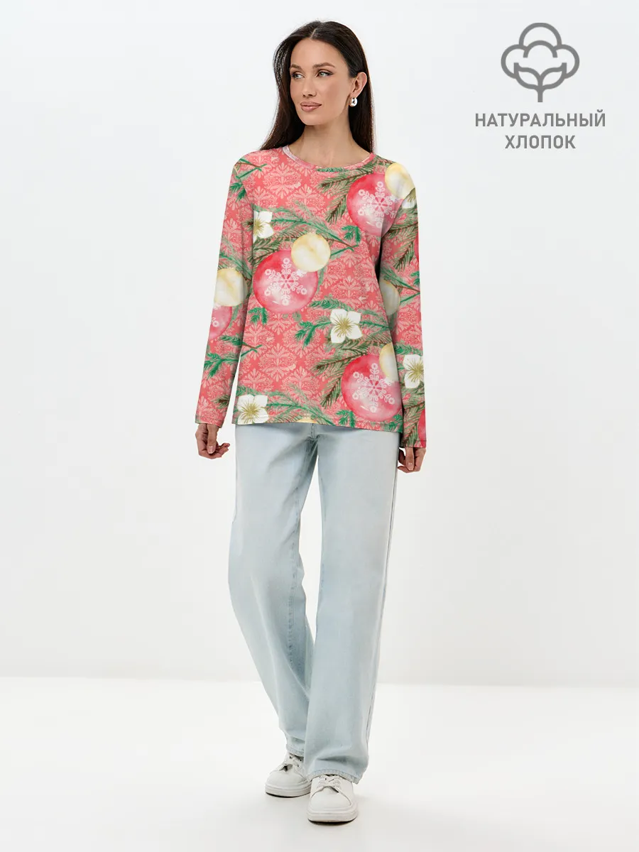 Лонгслив женский. Хлопок / Новогодние красные шары