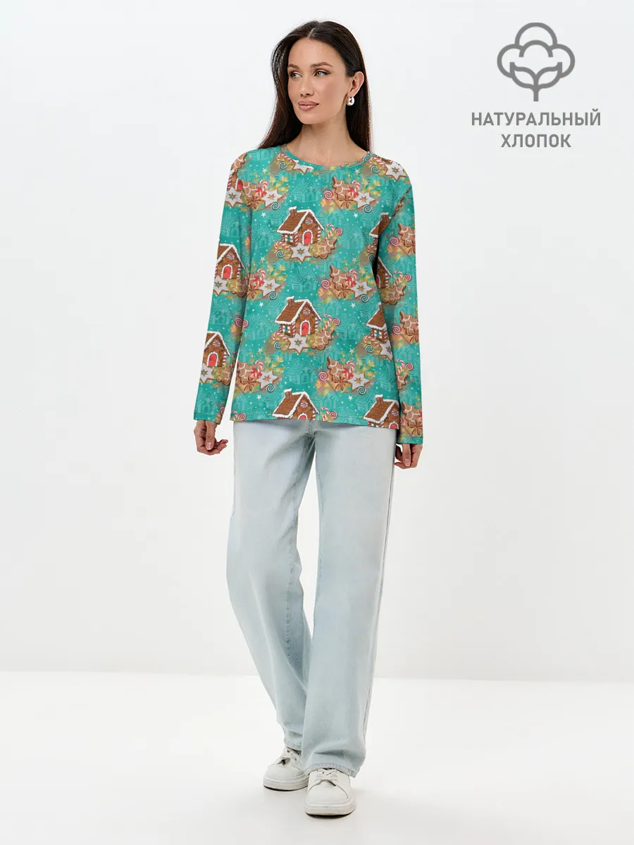Лонгслив женский. Хлопок / Рождественские пряники паттерн
