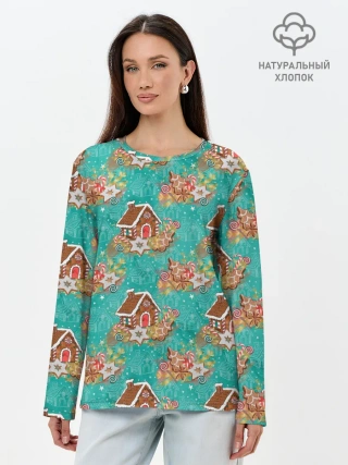 Лонгслив женский. Хлопок / Рождественские пряники паттерн