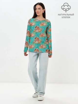 Лонгслив женский. Хлопок / Рождественские пряники паттерн