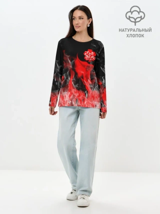 Лонгслив женский. Хлопок / Чёрный клевер: Пламя.