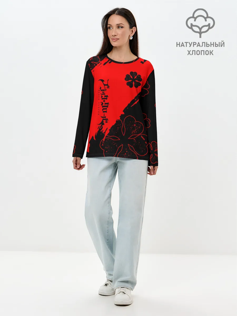 Лонгслив женский. Хлопок / Чёрный клевер: Black clover.
