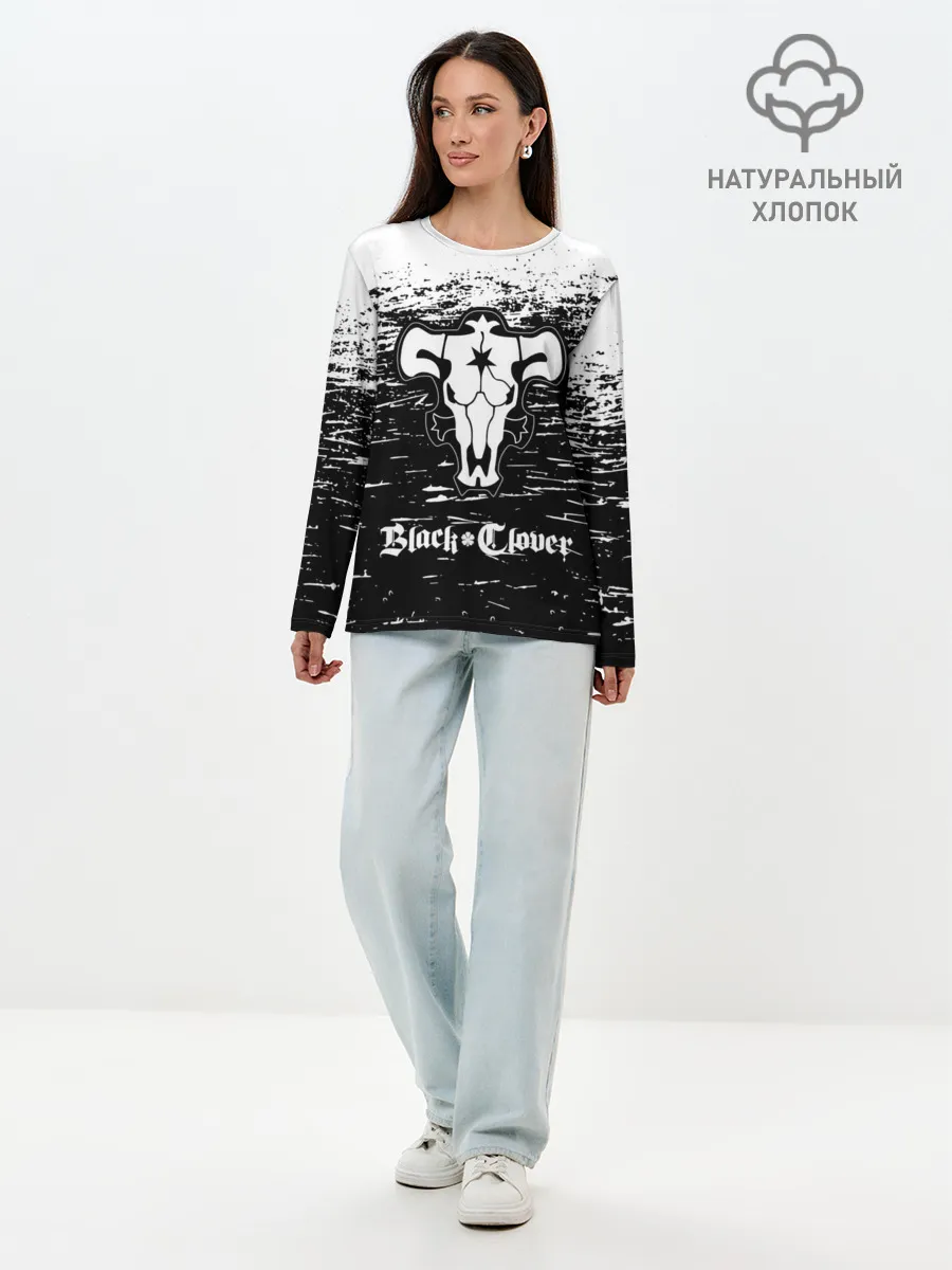 Лонгслив женский. Хлопок / Чёрный клевер: Бык.