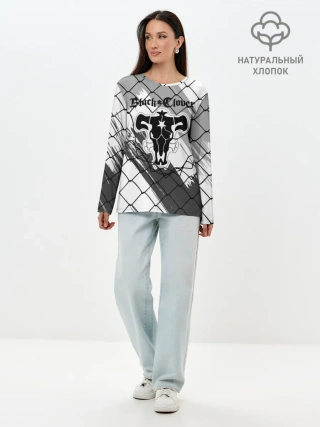 Лонгслив женский. Хлопок / Чёрный клевер бык за решеткой.