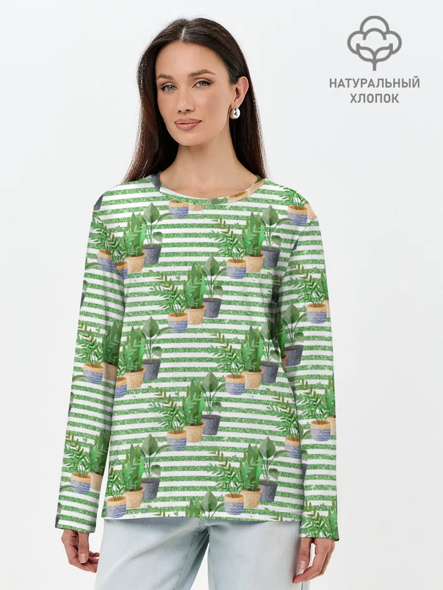 Лонгслив женский. Хлопок / Комнатные цветы