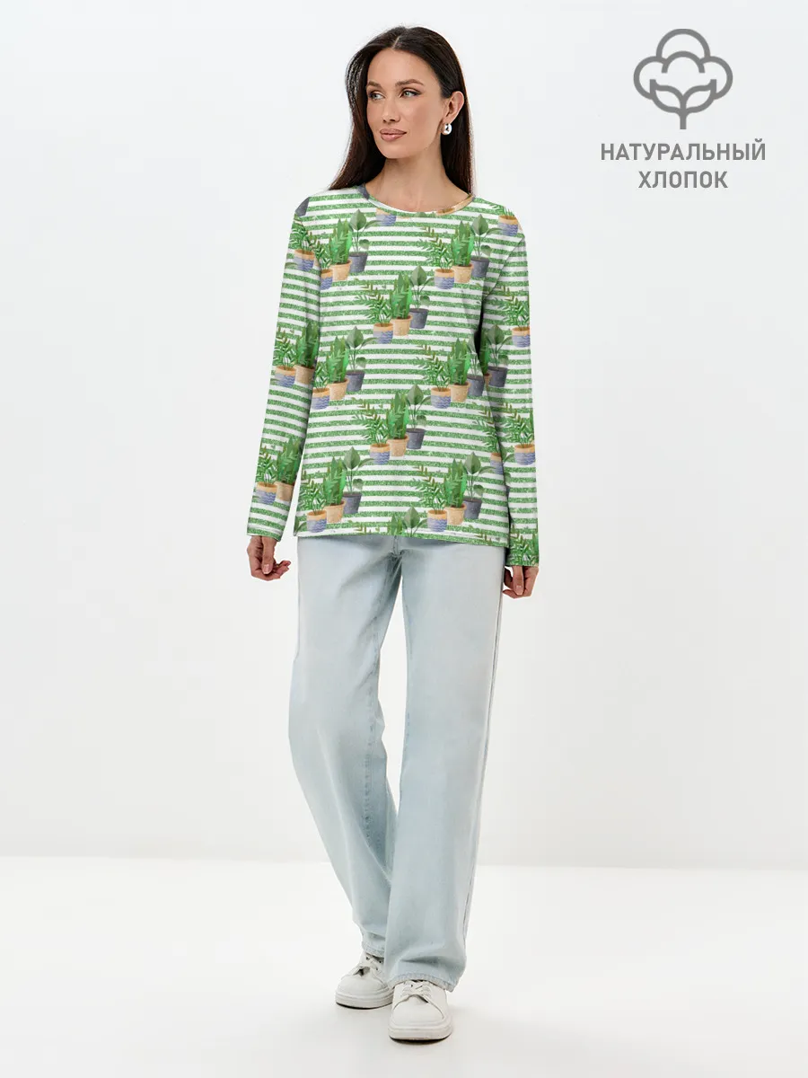 Лонгслив женский. Хлопок / Комнатные цветы