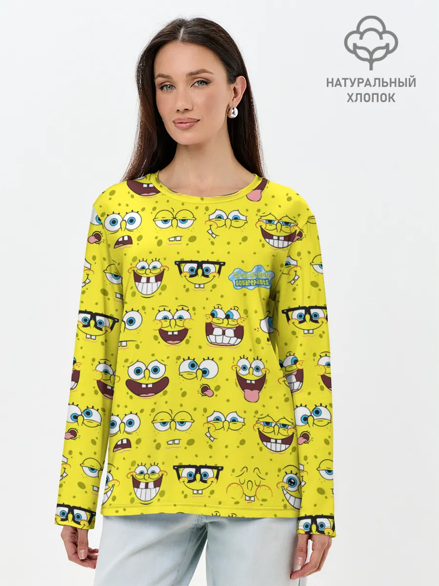 Лонгслив женский. Хлопок / Губка Боб паттерн