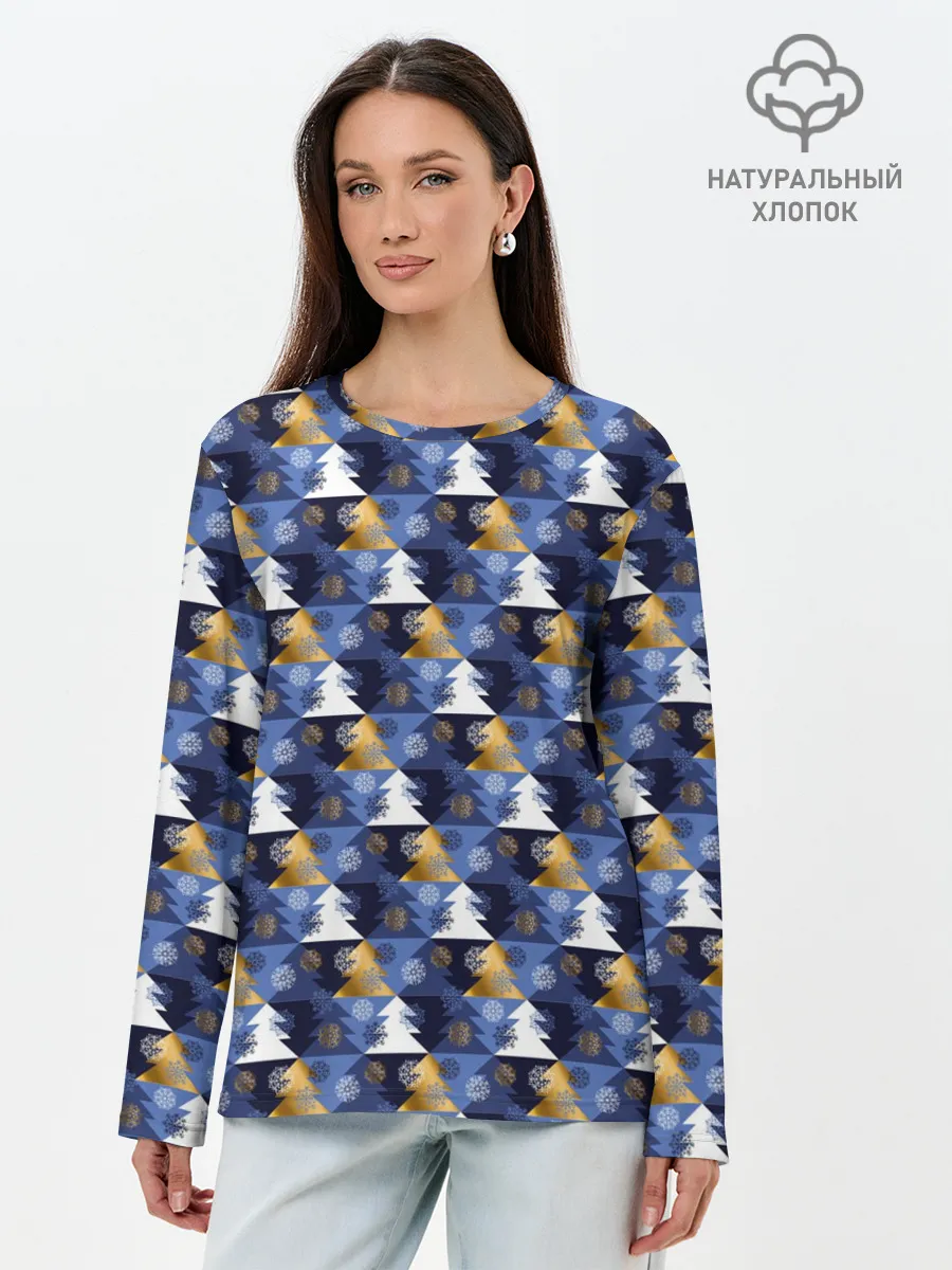 Лонгслив женский. Хлопок / Ёлочки - Снежинки