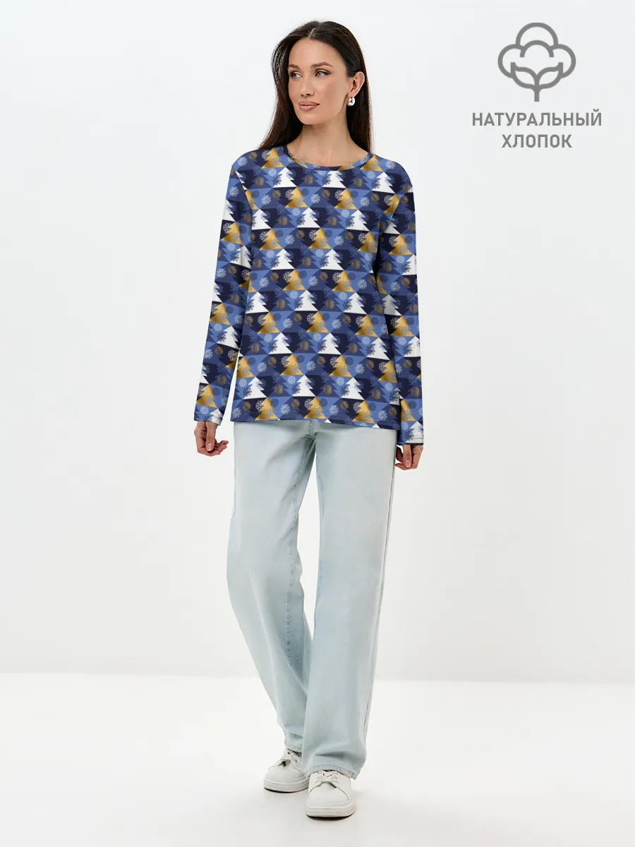 Лонгслив женский. Хлопок / Ёлочки - Снежинки