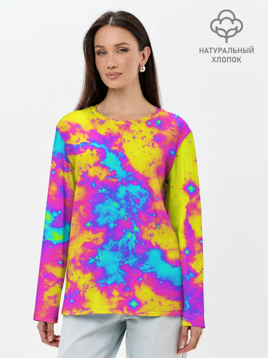Лонгслив женский. Хлопок / Яркая абстракция космических красок