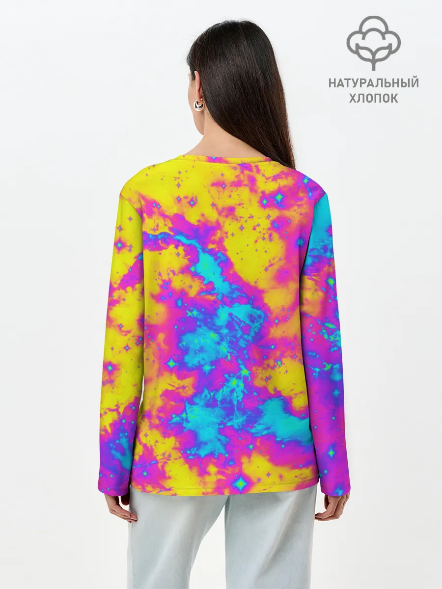 Лонгслив женский. Хлопок / Яркая абстракция космических красок