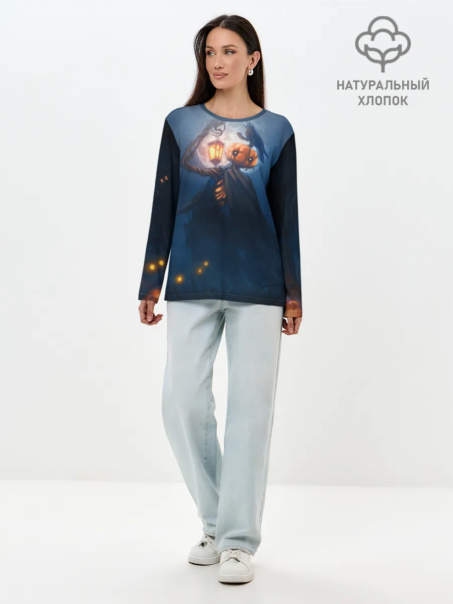Лонгслив женский. Хлопок / ТЫКВИННЫЙ МОНСТР В ТУМАНЕ / ХЕЛЛОУИН
