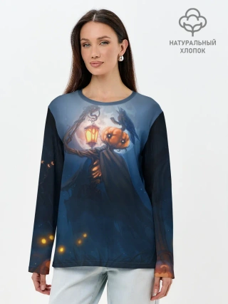 Лонгслив женский. Хлопок / ТЫКВИННЫЙ МОНСТР В ТУМАНЕ / ХЕЛЛОУИН