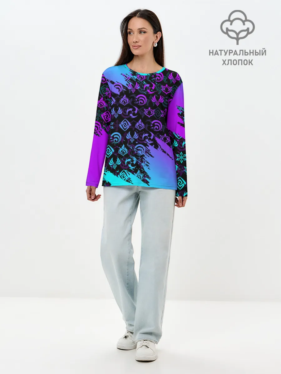 Лонгслив женский. Хлопок / GENSHIN NEON PATTERN SYMBOL / НЕОН ЭМБЛЕМЫ