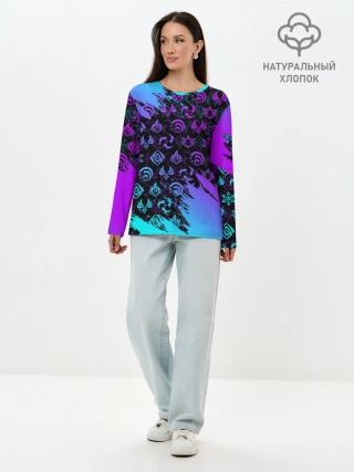 Лонгслив женский. Хлопок / GENSHIN NEON PATTERN SYMBOL / НЕОН ЭМБЛЕМЫ