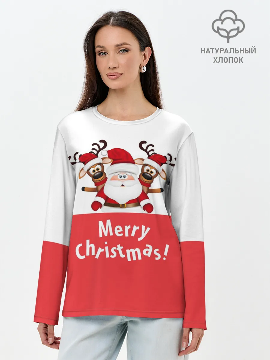 Лонгслив женский. Хлопок / Санта с 2 Оленями
