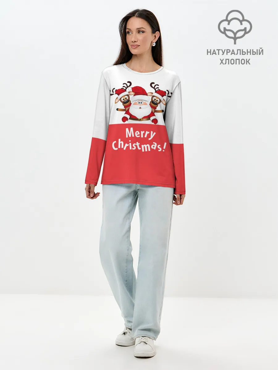 Лонгслив женский. Хлопок / Санта с 2 Оленями