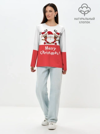 Лонгслив женский. Хлопок / Санта с 2 Оленями