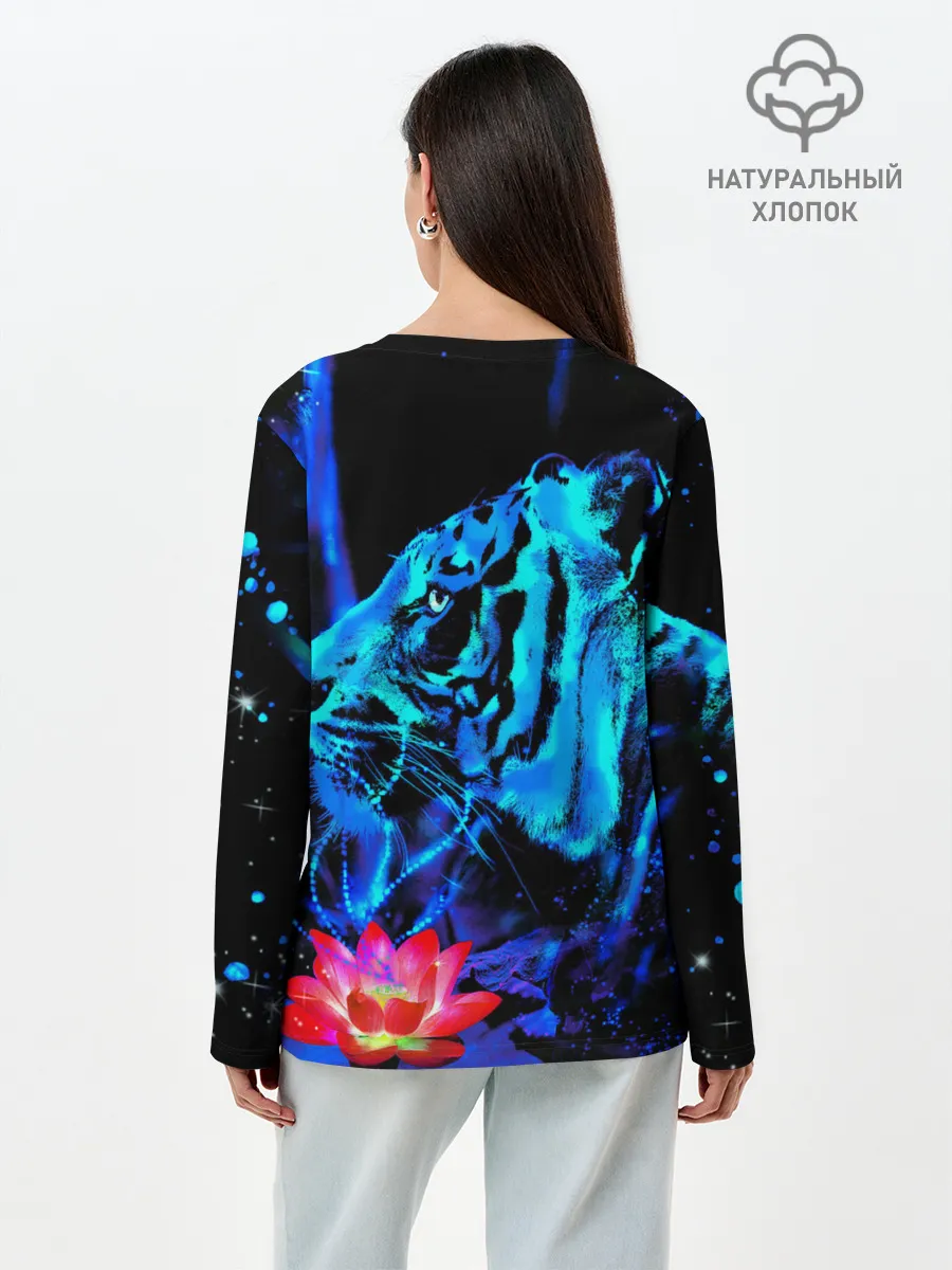 Лонгслив женский. Хлопок / Синий водяной тигр