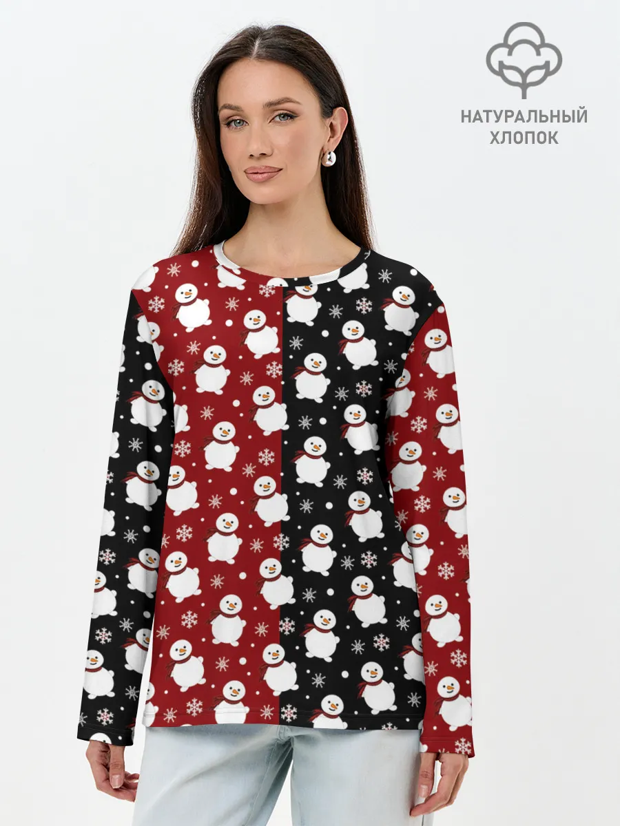 Лонгслив женский. Хлопок / Снеговики, снежинки и снег