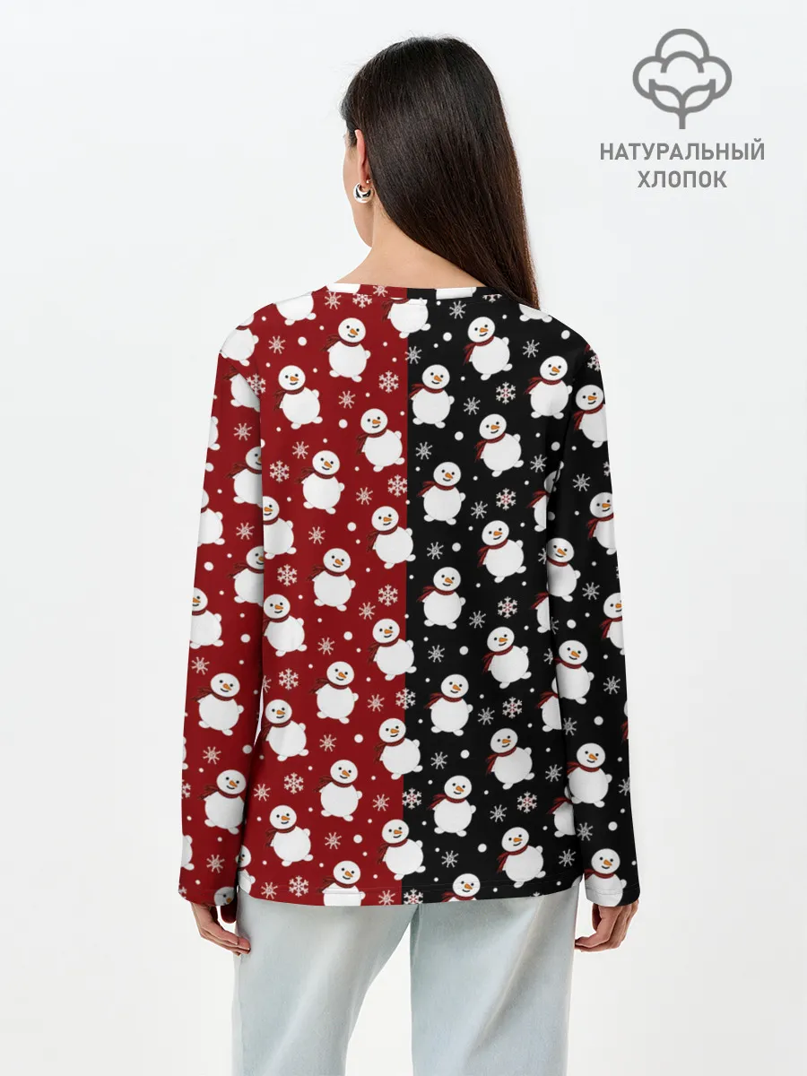 Лонгслив женский. Хлопок / Снеговики, снежинки и снег