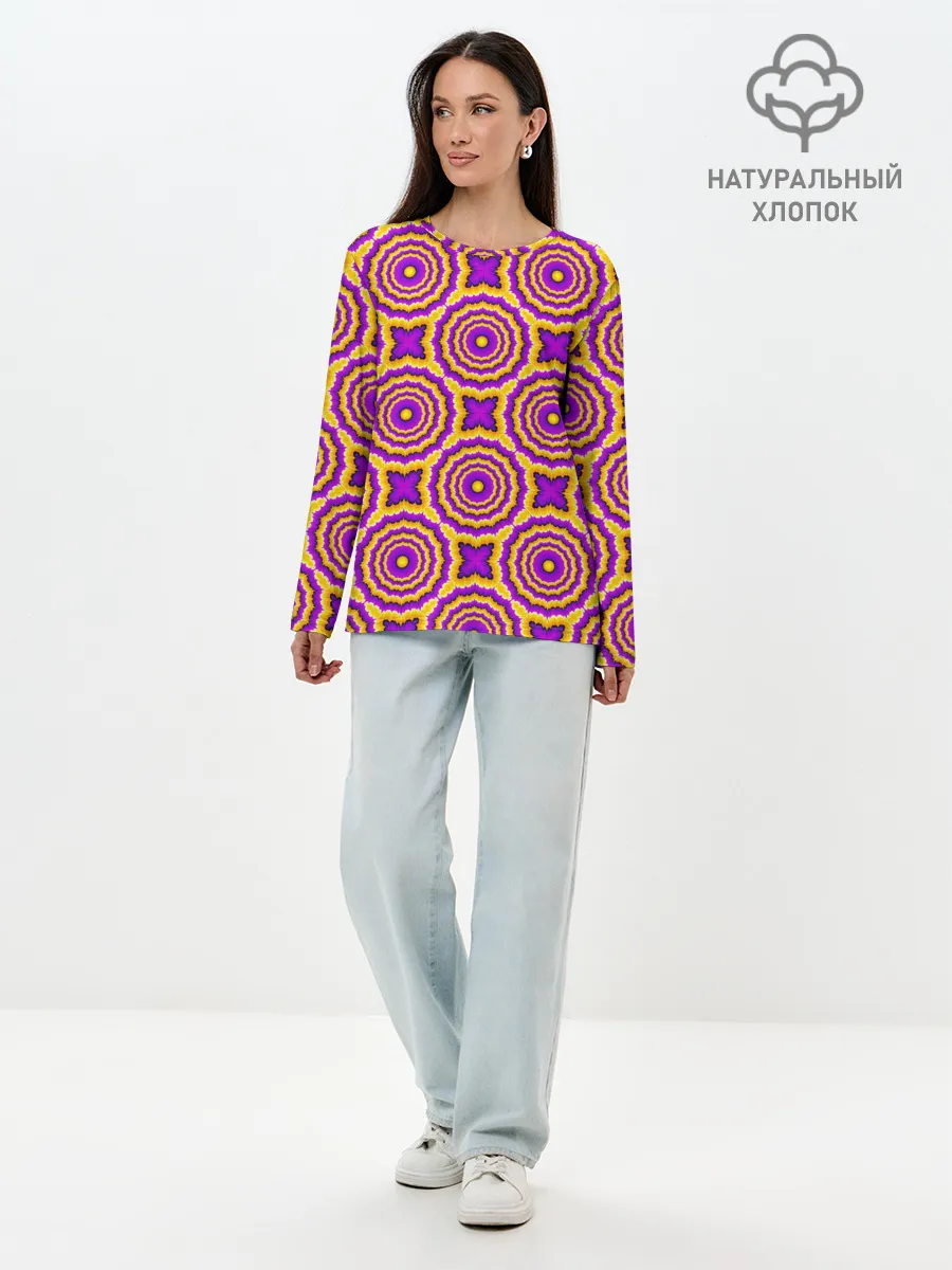 Лонгслив женский. Хлопок / желтые и пурпурные цветы