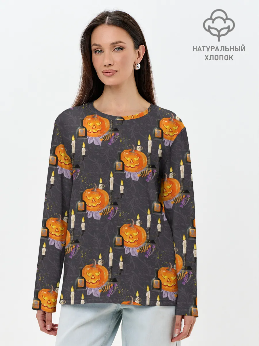 Лонгслив женский. Хлопок / Хэллоуин - тыквы и свечи