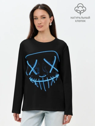Лонгслив женский. Хлопок / Неоновая маска Хэллоуина