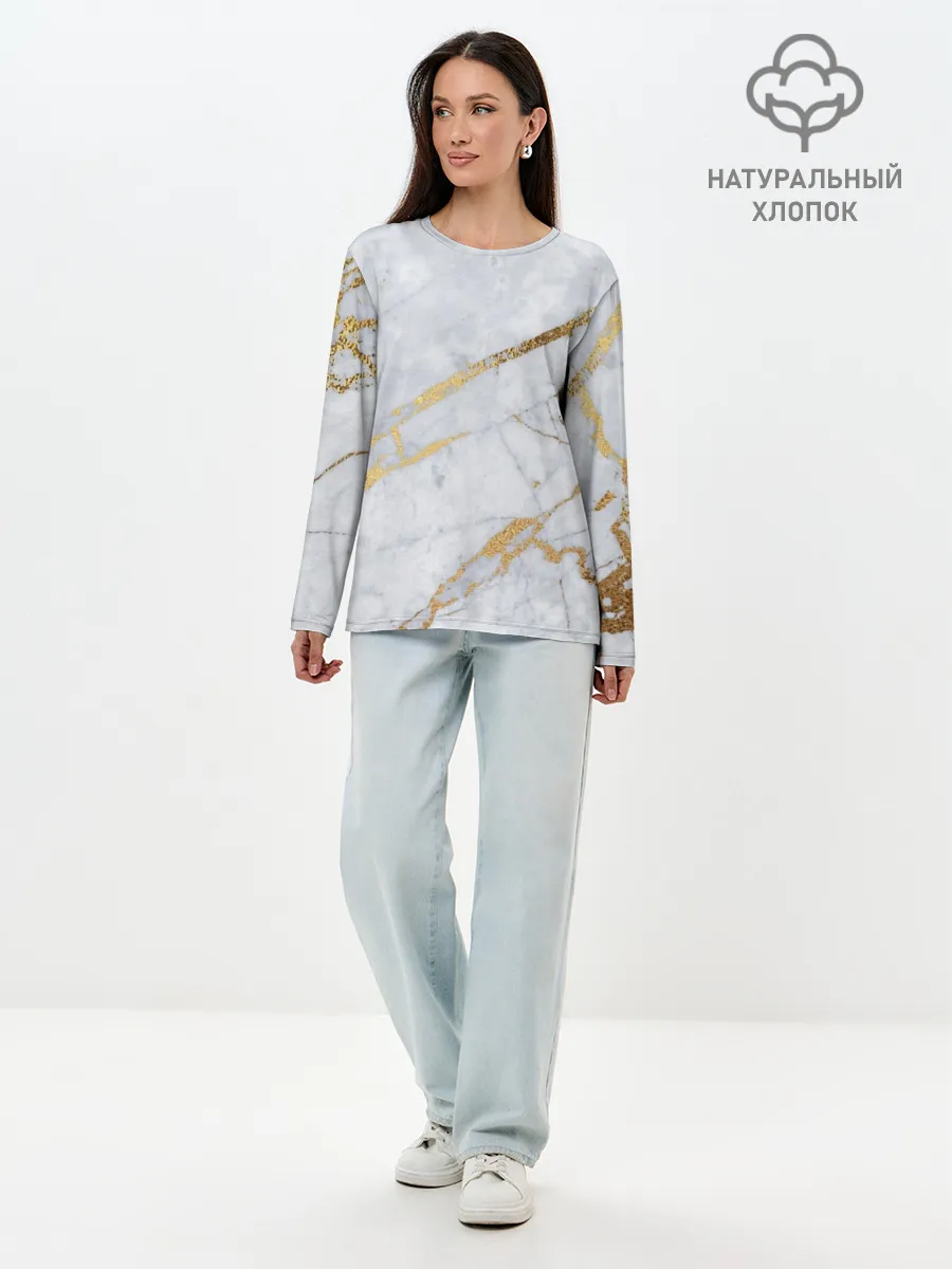 Лонгслив женский. Хлопок / Золото на белом