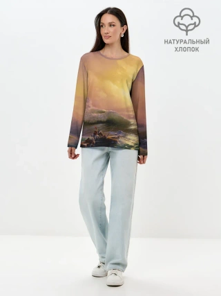 Лонгслив женский. Хлопок / Шторм в море девятый вал