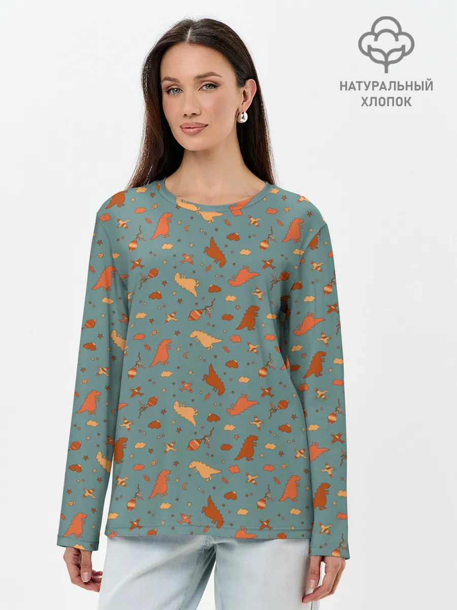 Лонгслив женский. Хлопок / детский принт с динозаврами и звездами