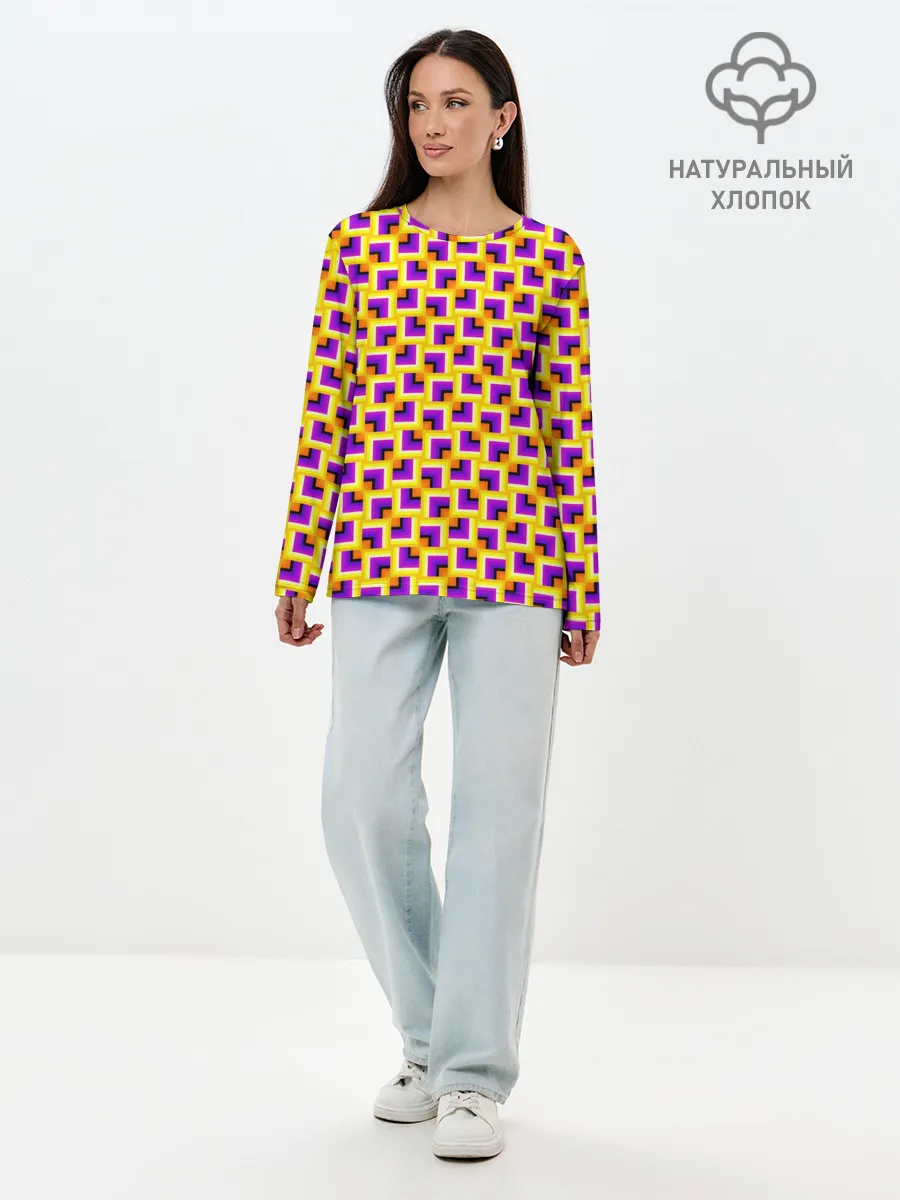 Лонгслив женский. Хлопок / Фон с квадратами