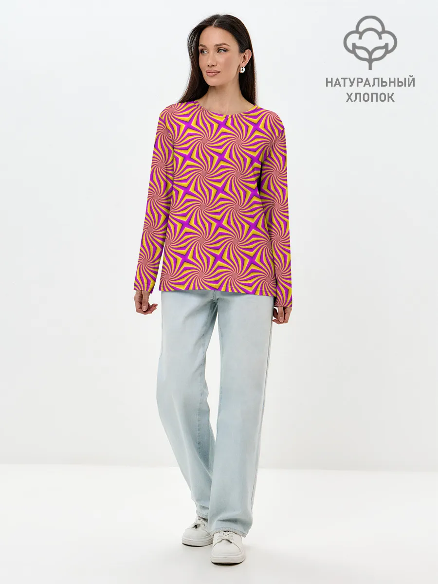 Лонгслив женский. Хлопок / Желто Фиолетовая иллюзия вращения