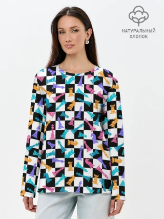 Лонгслив женский. Хлопок / Разноцветные Шахматные Фигуры