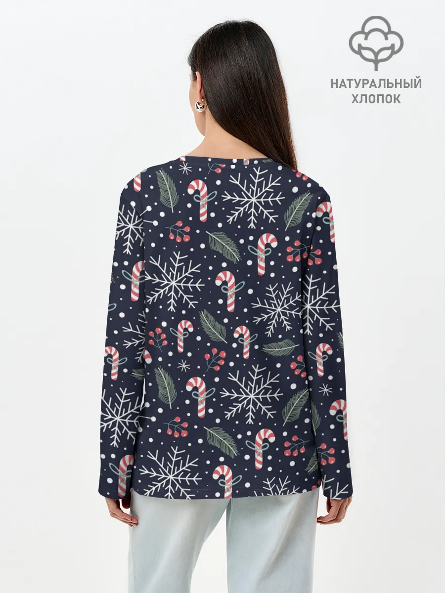 Лонгслив женский. Хлопок / Паттерн с веточками