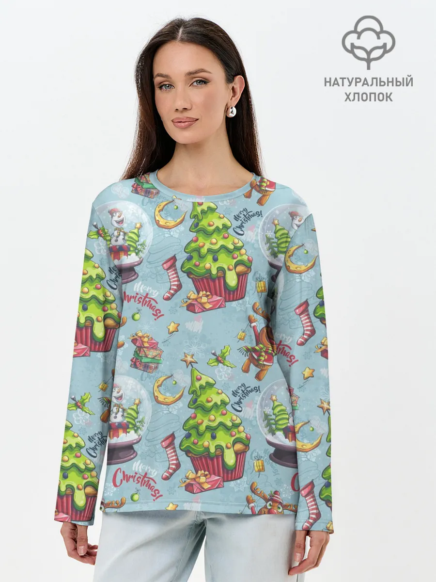 Лонгслив женский. Хлопок / Merry Christmas Pattern