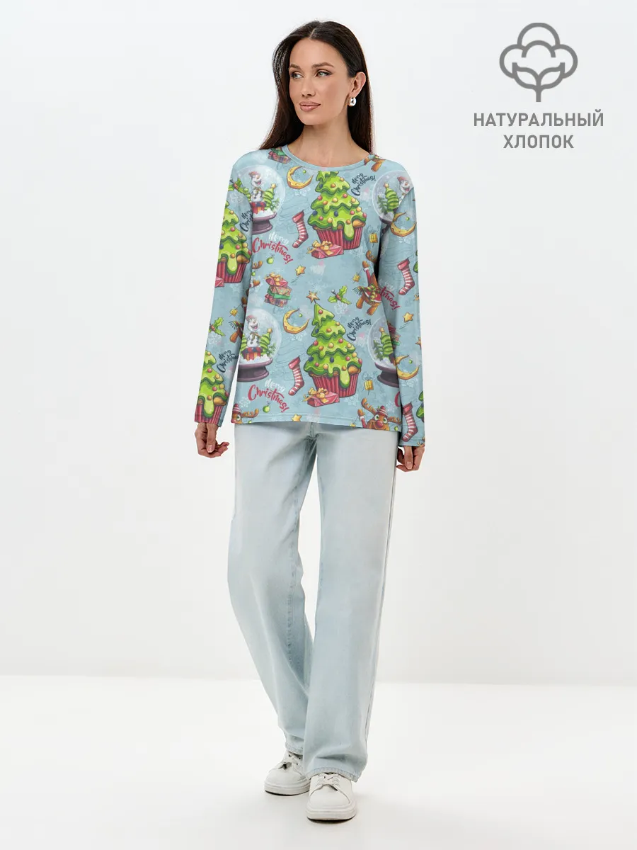 Лонгслив женский. Хлопок / Merry Christmas Pattern