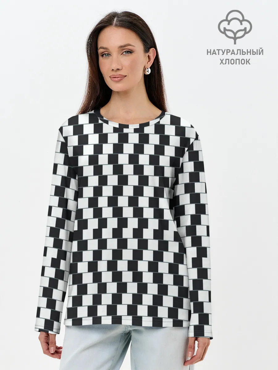 Лонгслив женский. Хлопок / Шахматная Иллюзия Искажения